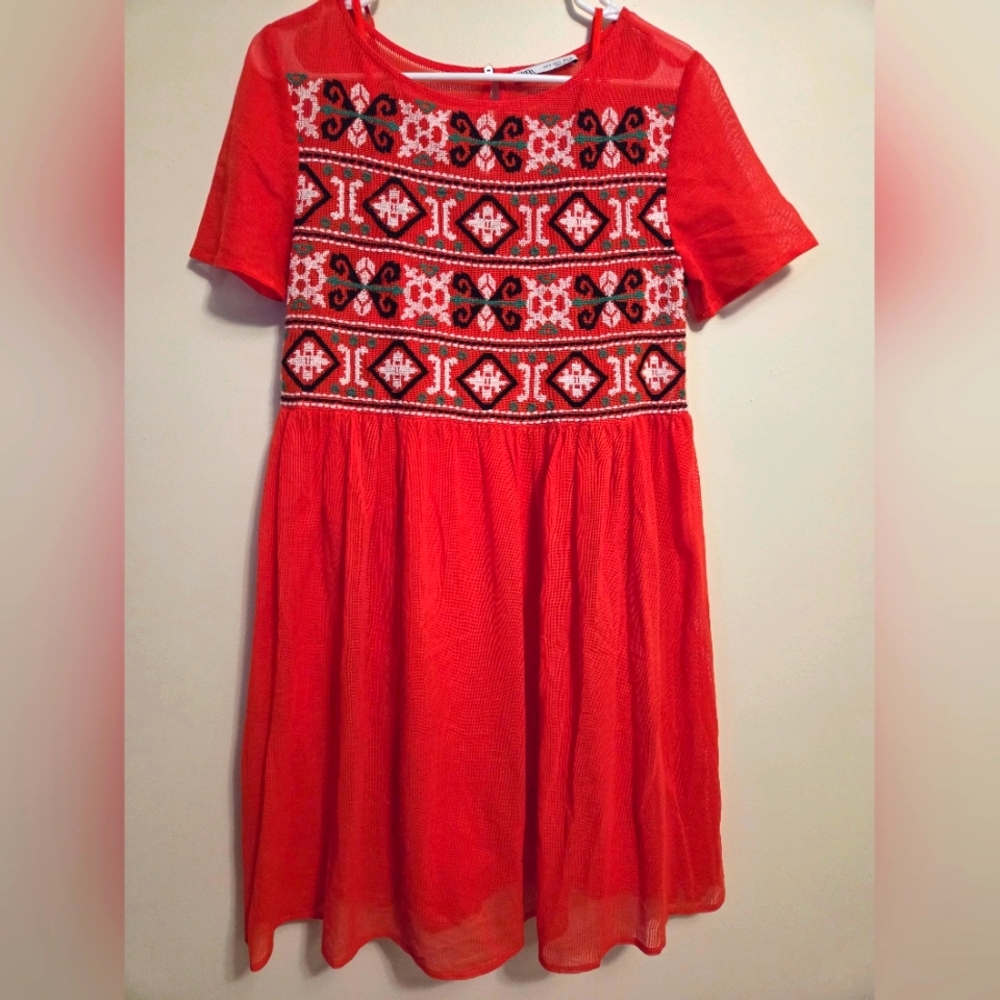 ZARA Red Embroidered Dress S